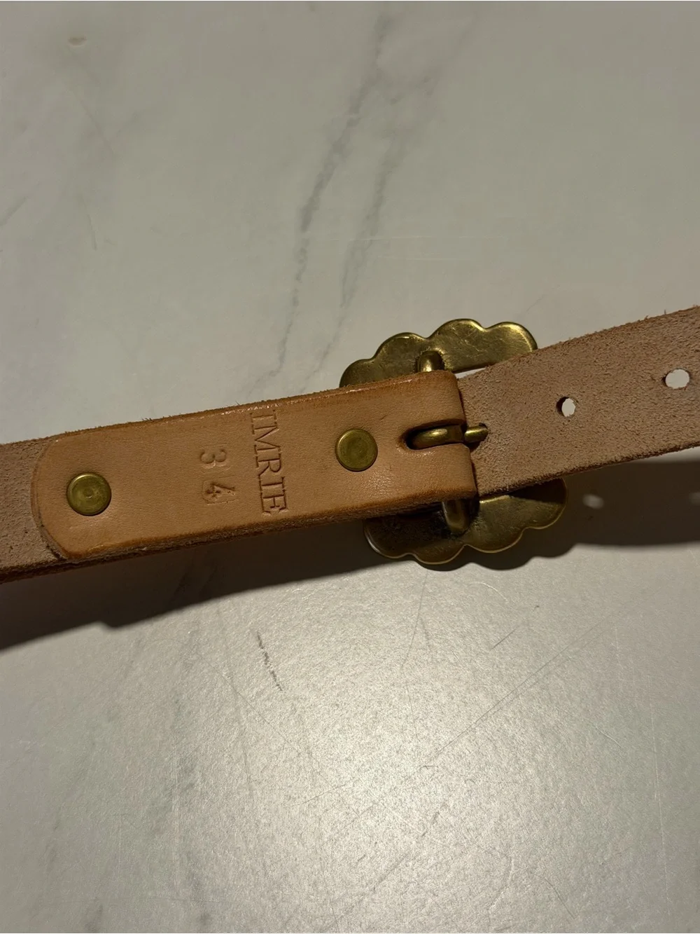 Imrie Industries Leather Scalloped Brass Buckle Belt in Tan